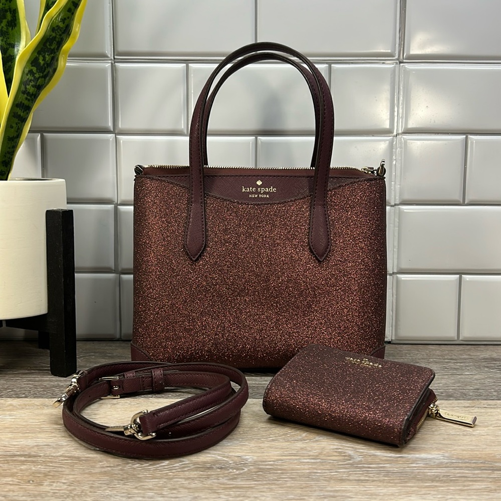 Kate Spade burgundy glitter crossbody satchel with matching wallet